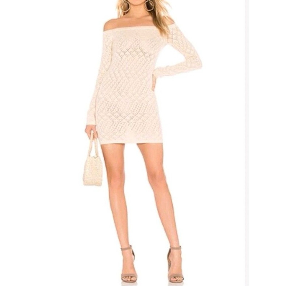 Lovers & Friends Revolve Off The Shoulder Cream Knit Sweater Mini Dress Size S